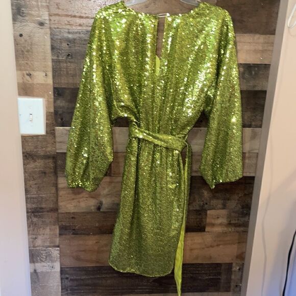 Anthropologie Chartreuse Lisabette Sequin Wrap Mini Dress, NWT - Picture 9 of 12